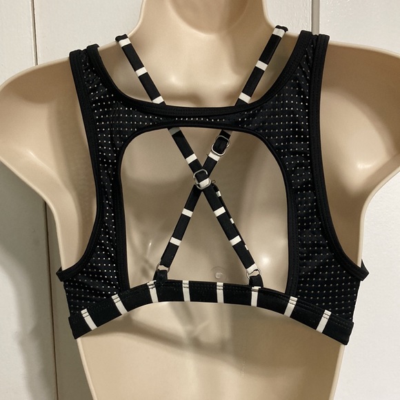 JOY LAB Black White Stripe Sports Criss Cross Straps Bra Womens Small - Picture 7 of 12